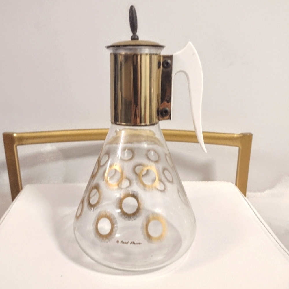 Vintage Corning FRED PRESS Coffee Carafe Gold Atomic Starburst Warmer